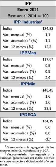 Aumento interanual 1,1% IPP enero 2021
